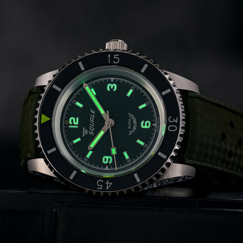 Squale Montauk 300 Meter Swiss Made Automatic Dive Watch with Green Sand Dial #MTK-14 lume