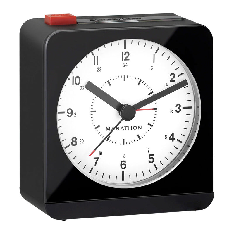 Marathon Alarm Clock with White Dial, Silent Movement, and Auto-Sensing Night Light #CL030053BK front