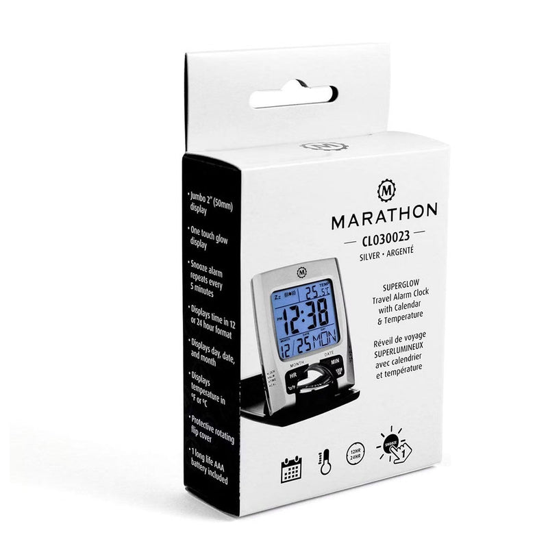 Marathon Travel Alarm Clock with Calendar, Temperature, 12 or 24 Hour Format #CL030023