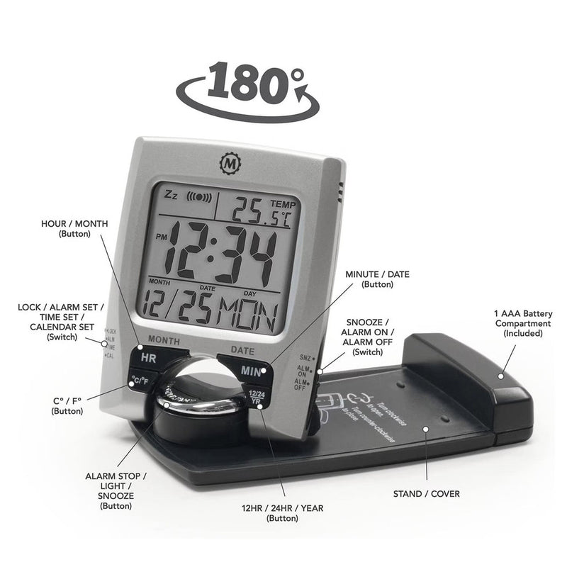 Marathon Travel Alarm Clock with Calendar, Temperature, 12 or 24 Hour Format #CL030023