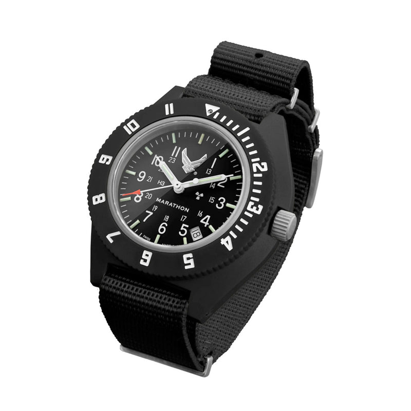 Marathon USAF Swiss Made Quartz Navigator Watch with window Tilted View