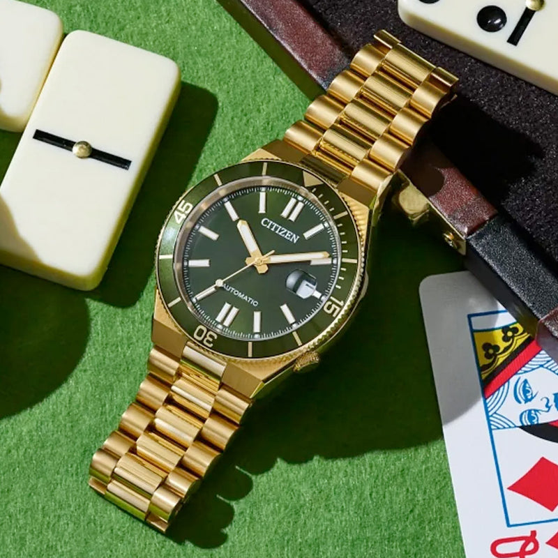 Citizen Tsuyosa Shore Watch in Yellow Goldtone with Green Dial #NJ0232-53X