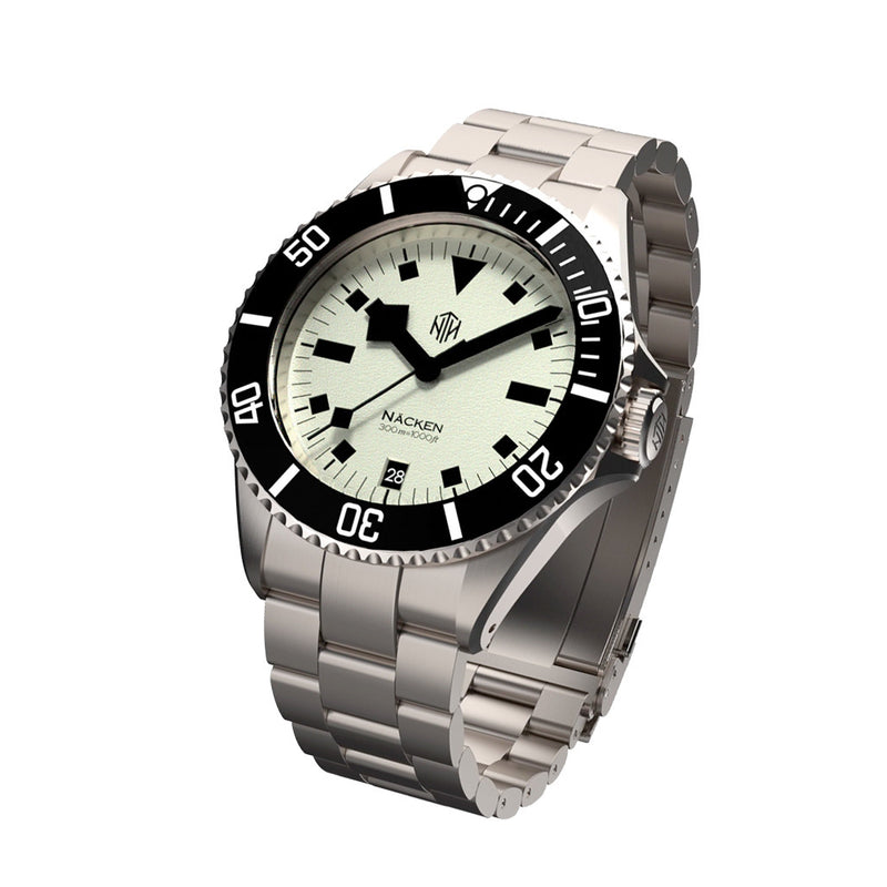 NTH Näcken Vintage White Hi-Beat Automatic Dive Watch with Date #WW-NTH-NVWD tilt