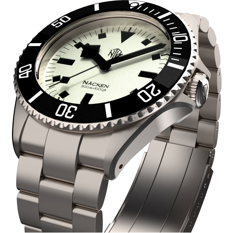 NTH Näcken Vintage White Hi-Beat Automatic Dive Watch without Date #WW-NTH-NVWN dial zoom