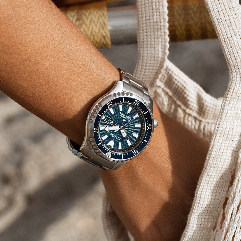 Citizen Automatic Promaster Dive Watch with Blue Dial and Stainless Steel Bracelet #NY0136-52L wrist