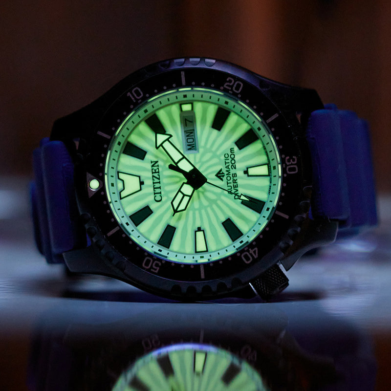 Citizen Automatic Promaster Dive Watch with PVD Case, Fully Lumed Dial and Blue Strap #NY0137-09A lume