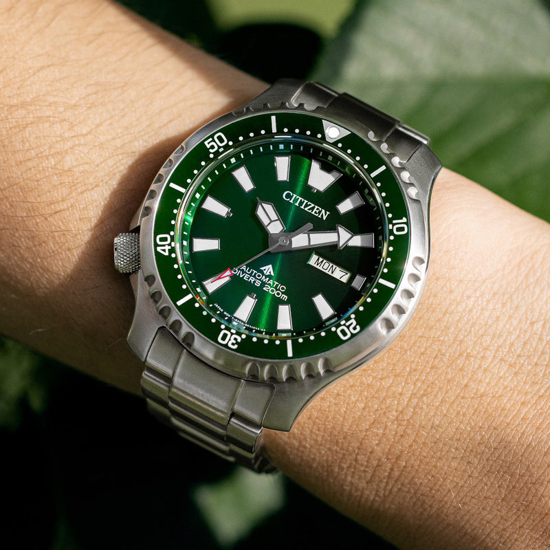 Citizen Automatic Promaster Dive Watch with Green Dial and Stainless Steel Bracelet #NY0151-59X wrist