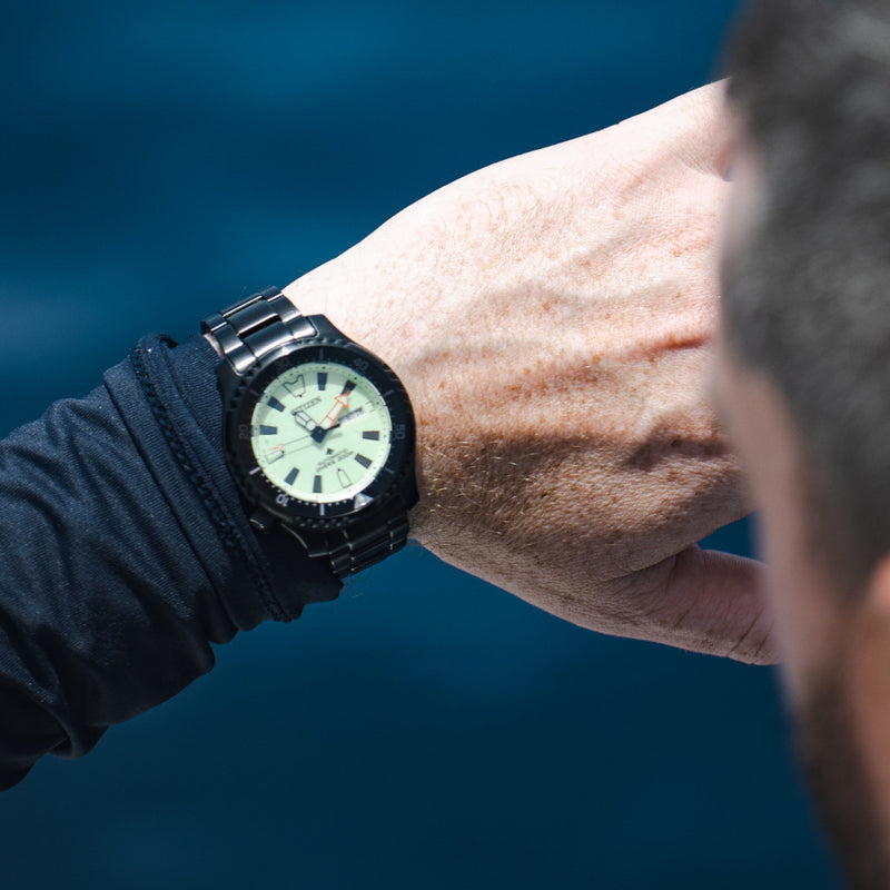 Citizen Automatic Promaster Dive Watch with Fully Lumed Dial and PVD Case and Bracelet #NY0155-58X wrist