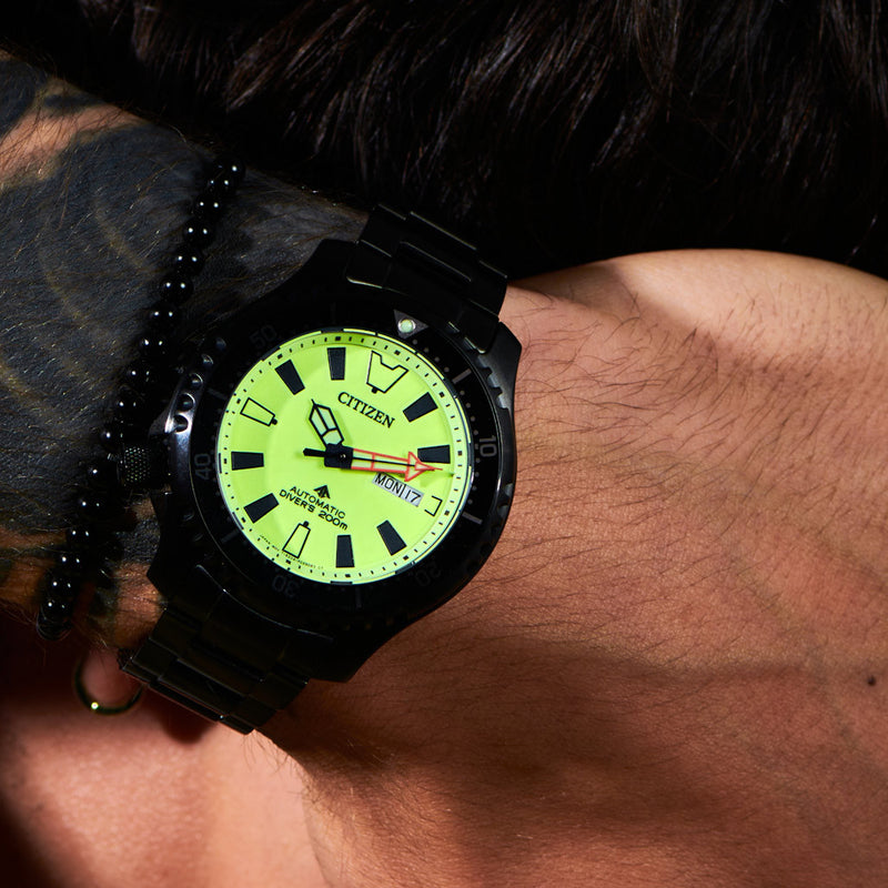 Citizen Automatic Promaster Dive Watch with Fully Lumed Dial and PVD Case and Bracelet #NY0155-58X wrist