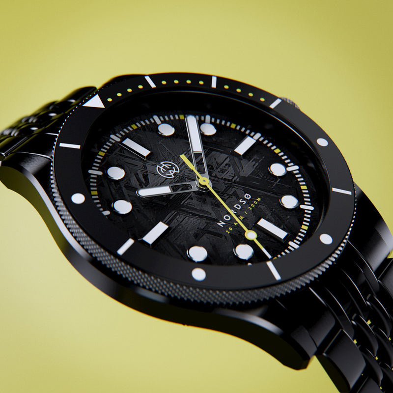 Henry Archer Nordso Automatic Dive Watch with Tempest Meteorite Dial and DLC Case and Bracelet #HAC-NOR-ECL-BOR