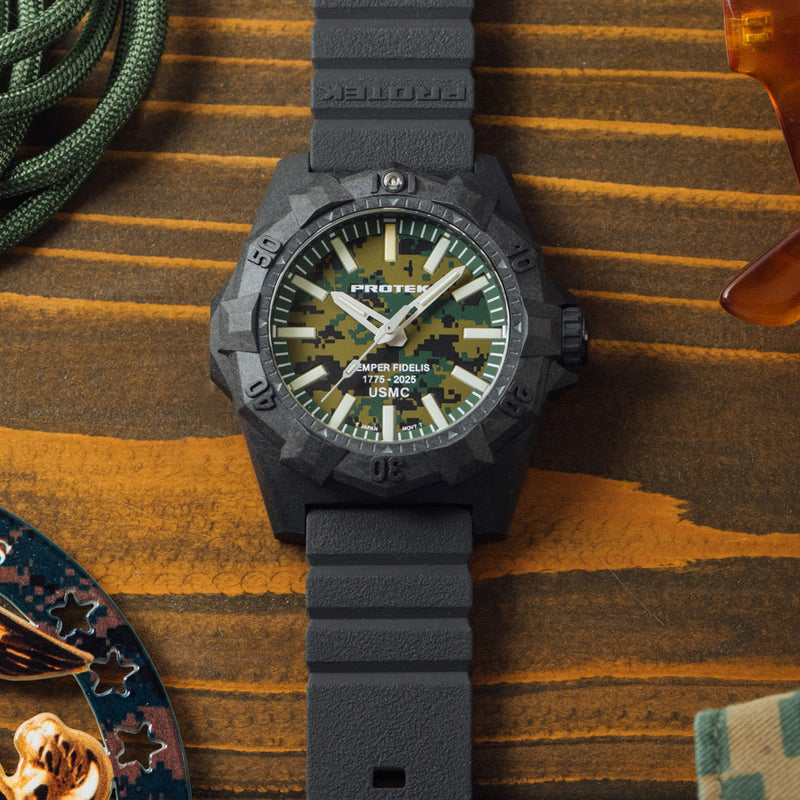 ProTek Aggressor Carbon USMC 250th Anniversary Watch with Green Camo Dial #PT4105SFC