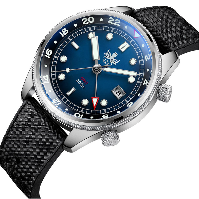 PHOIBOS Eagle Ray 300-Meter Dual-Time GMT Dive Watch with Double Dome AR Sapphire Crystal #PX023B