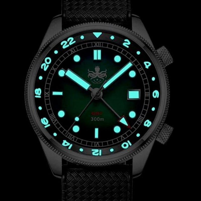 PHOIBOS Eagle Ray 300-Meter Dual-Time GMT Dive Watch with Double Dome AR Sapphire Crystal #PX023D