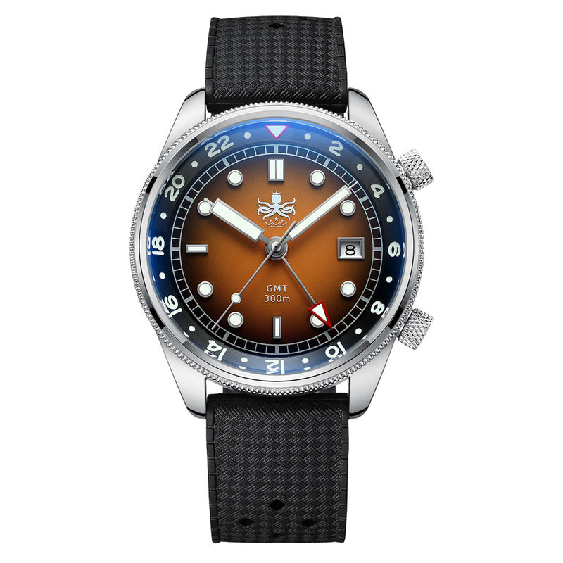 PHOIBOS Eagle Ray 300-Meter Dual-Time GMT Dive Watch with Orange Dial #PX023F