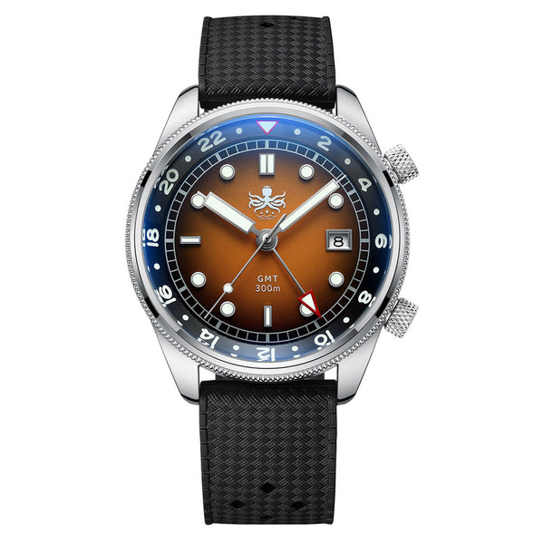 PHOIBOS Eagle Ray 300-Meter Dual-Time GMT Dive Watch with Orange Dial #PX023F