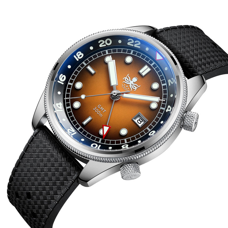 PHOIBOS Eagle Ray 300-Meter Dual-Time GMT Dive Watch with Orange Dial #PX023F