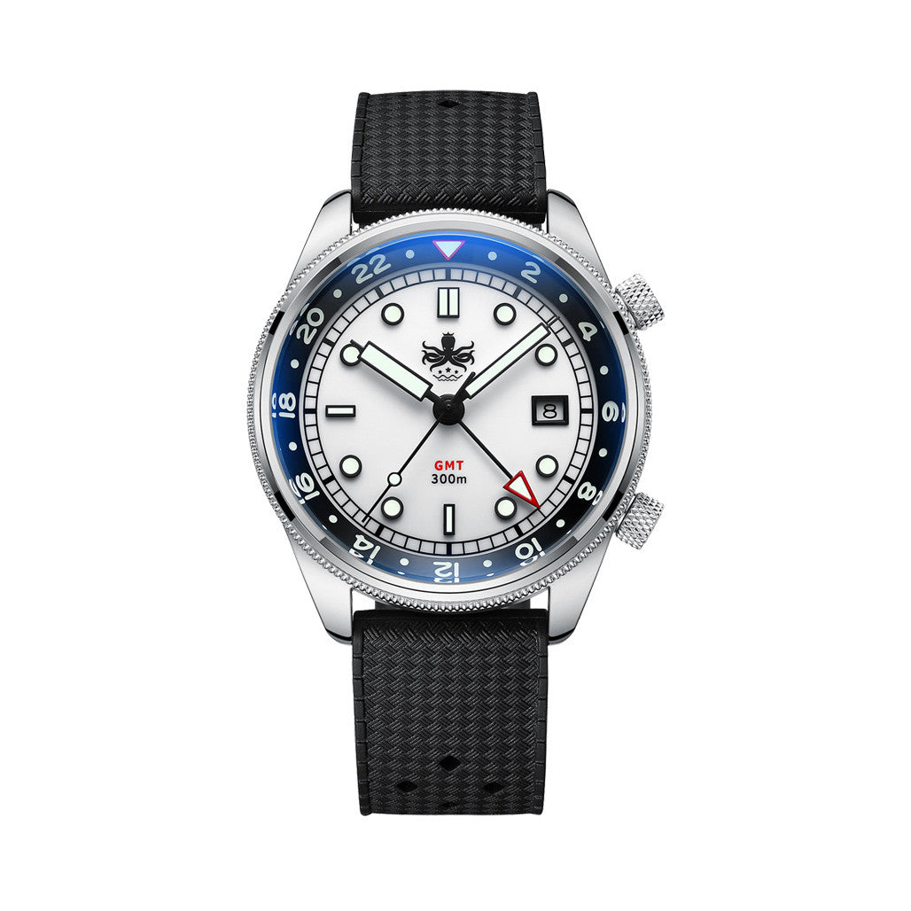 PHOIBOS Eagle Ray 300-Meter Dual-Time GMT Dive Watch with White