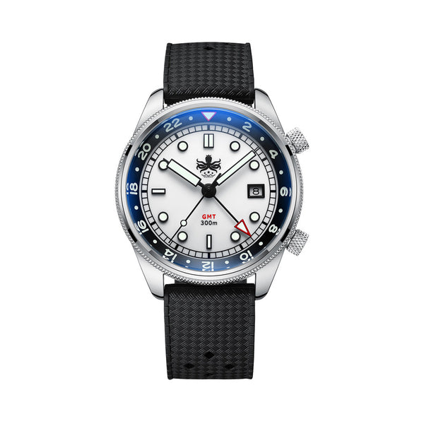 PHOIBOS Eagle Ray 300-Meter Dual-Time GMT Dive Watch with White Dial #PX023G