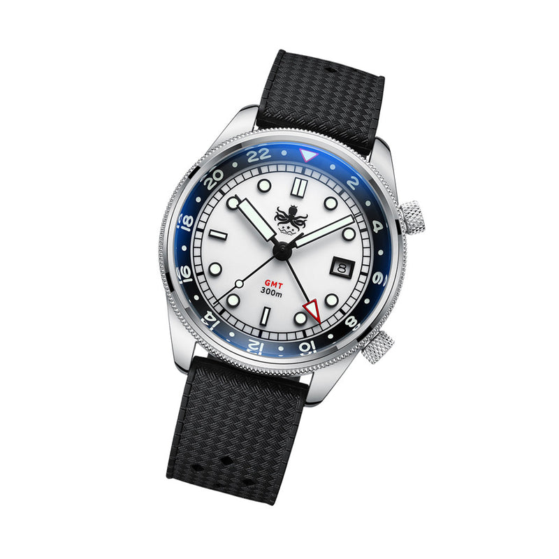PHOIBOS Eagle Ray 300-Meter Dual-Time GMT Dive Watch with White Dial #PX023G