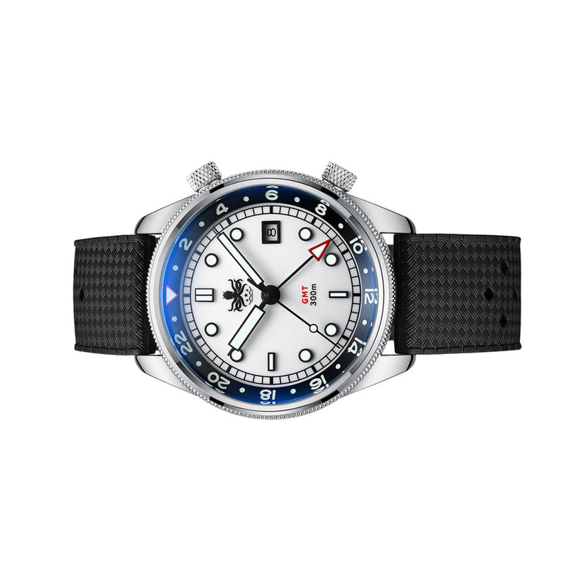 PHOIBOS Eagle Ray 300-Meter Dual-Time GMT Dive Watch with White Dial #PX023G