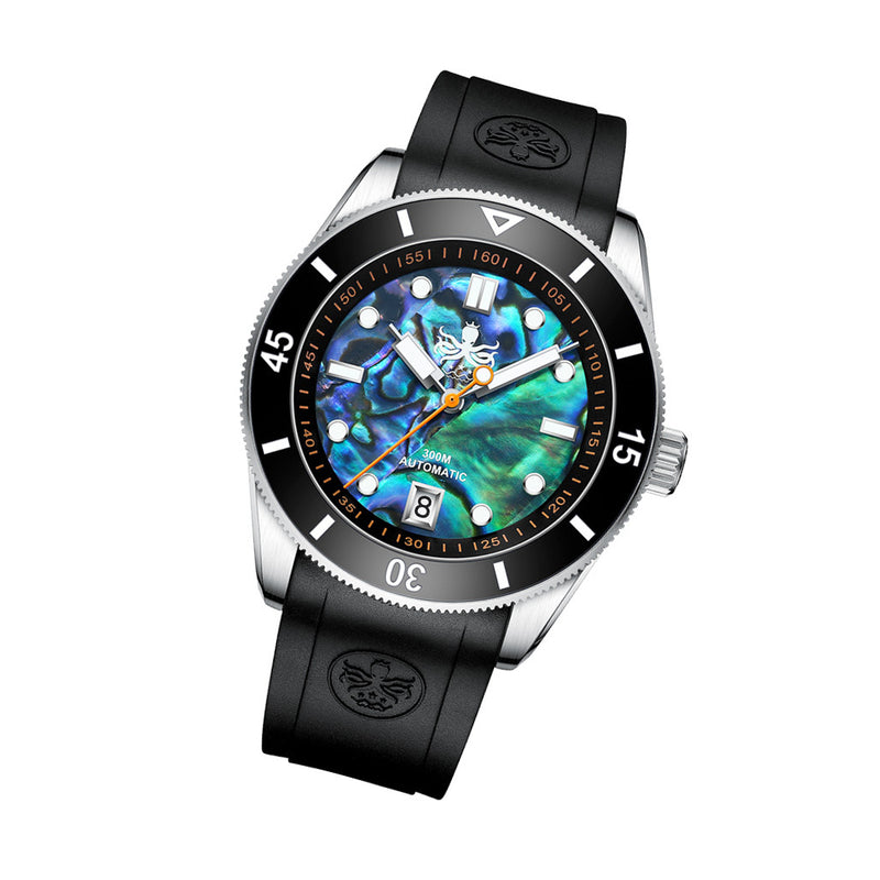 PHOIBOS Abalone Wave Master 300-Meter Automatic Dive Watch with Rubber Strap #PY010ER tilt