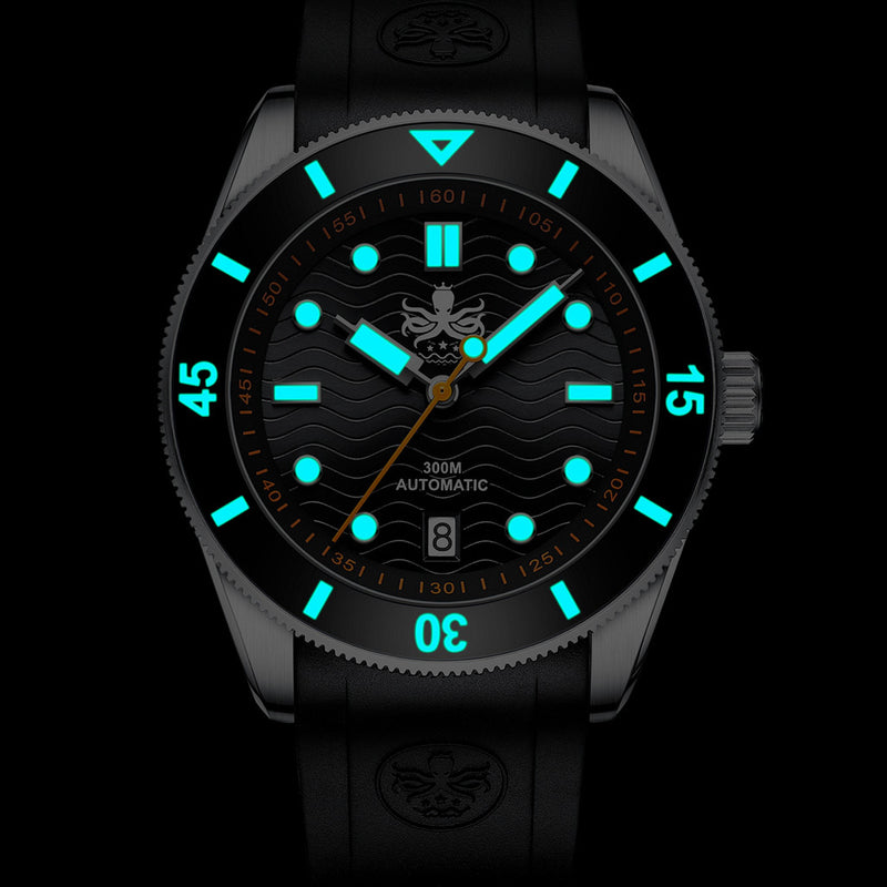 PHOIBOS Abalone Wave Master 300-Meter Automatic Dive Watch with Rubber Strap #PY010ER lume