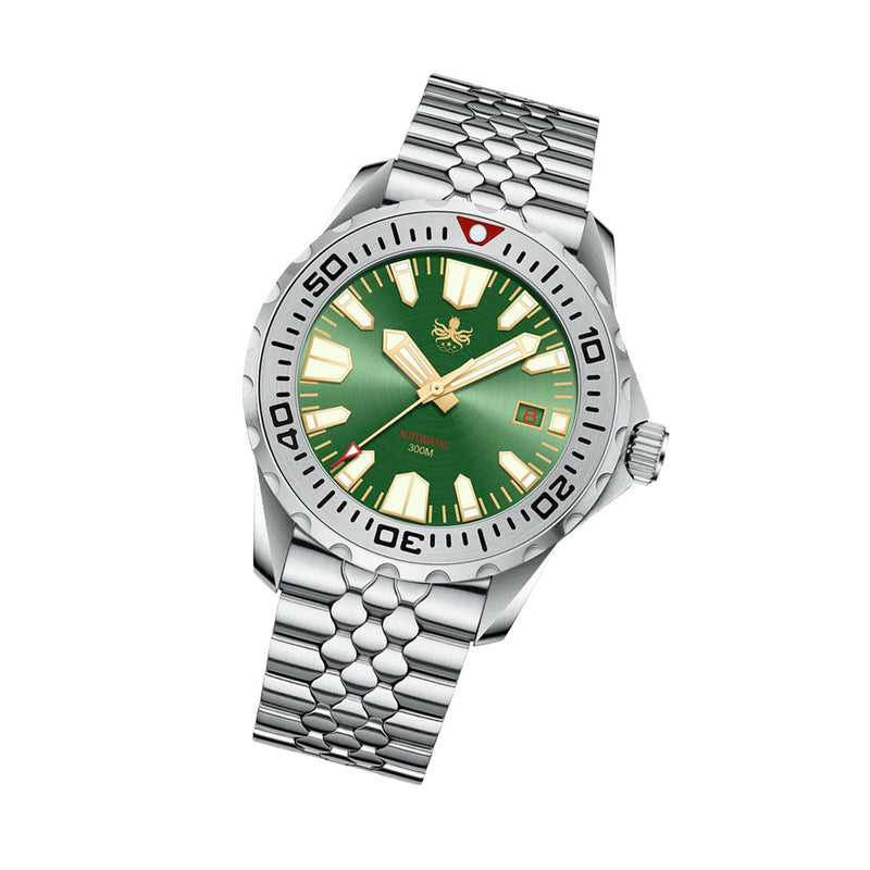 Phoibos Kraken 300 Meter Automatic Dive Watch with Sunray Green Dial #PY033A #PY033A Tilt