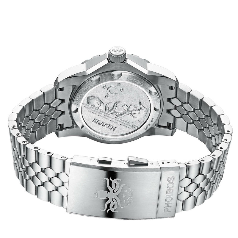 Phoibos Kraken 300 Meter Automatic Dive Watch with Sunray Blue Dial #PY033B Back