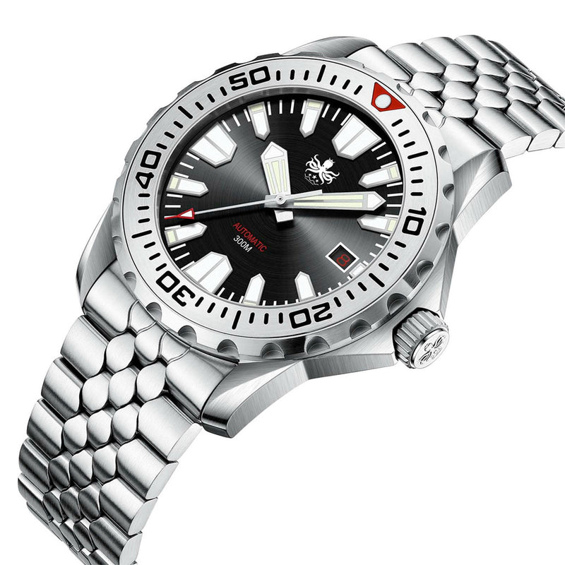 Phoibos Kraken 300 Meter Automatic Dive Watch with Black & Silver Dial #PY033C Tilted View