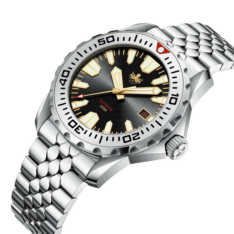 Phoibos Kraken 300 Meter Automatic Dive Watch with Sunray Black and Gold Dial #PY033D Tilted View