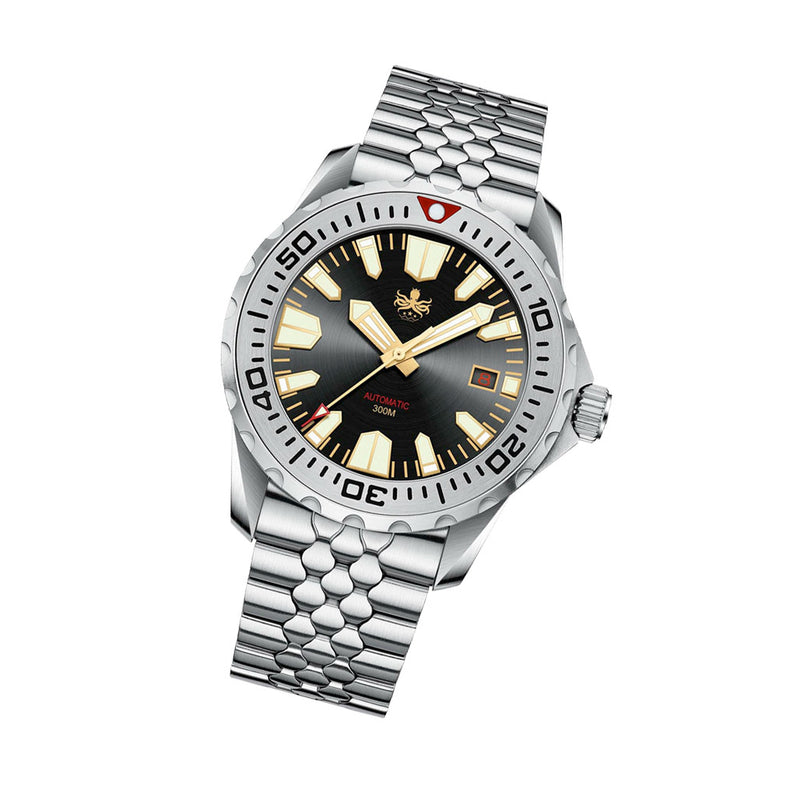 Phoibos Kraken 300 Meter Automatic Dive Watch with Sunray Black and Gold Dial #PY033D Tilt