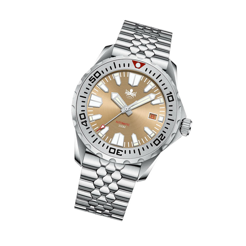 Phoibos Kraken 300 Meter Automatic Dive Watch with Sunray Champagne Dial #PY033E Tilt