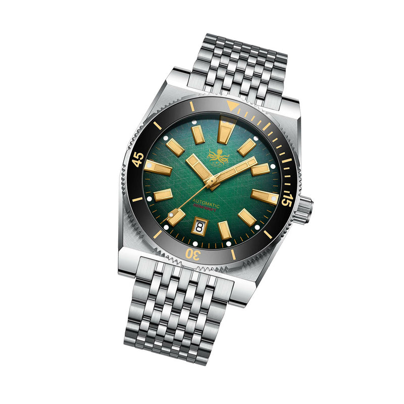 Phoibos Narwhal 300M Automatic Diver with Green Dial #PY037A tilt