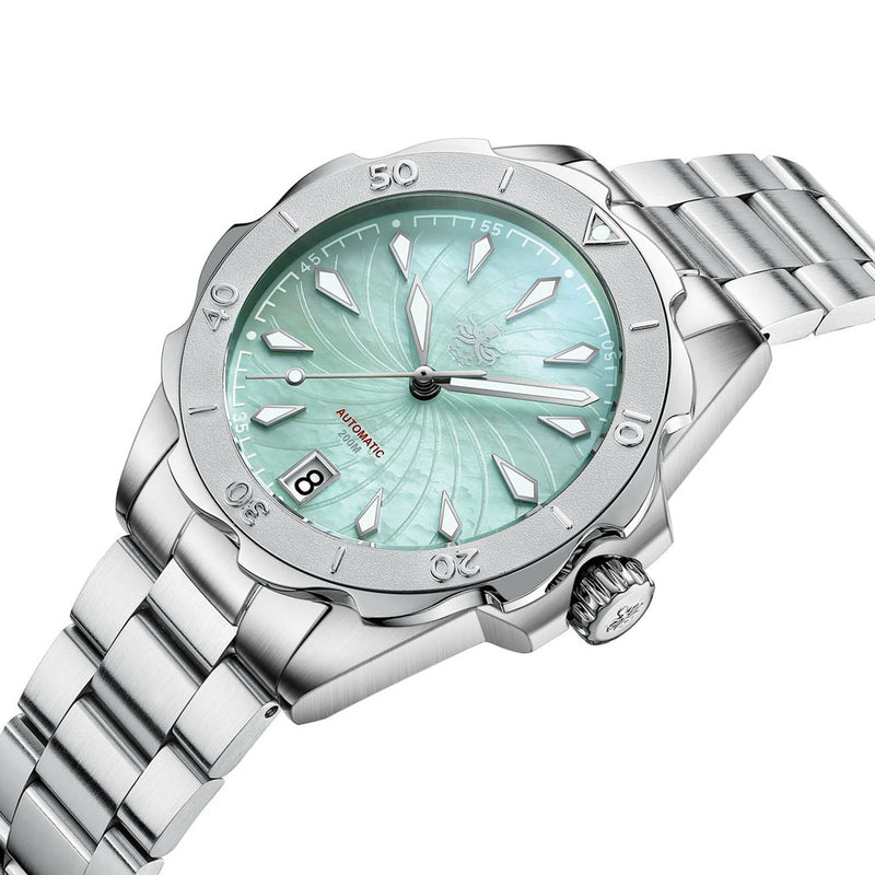 Phoibos Sea Nymph 200M Lady Diver with Mint Green Dial #PY038A tilt