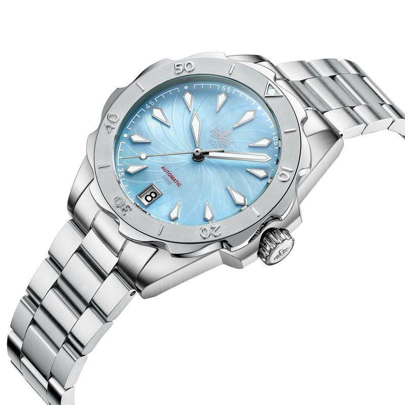 Phoibos Sea Nymph 200M Lady Diver with Aquamarine Blue Dial #PY038B tilt