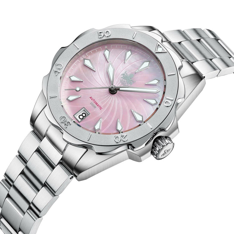 Phoibos Sea Nymph 200M Lady Diver with Sakura Pink Dial #PY038D tilt