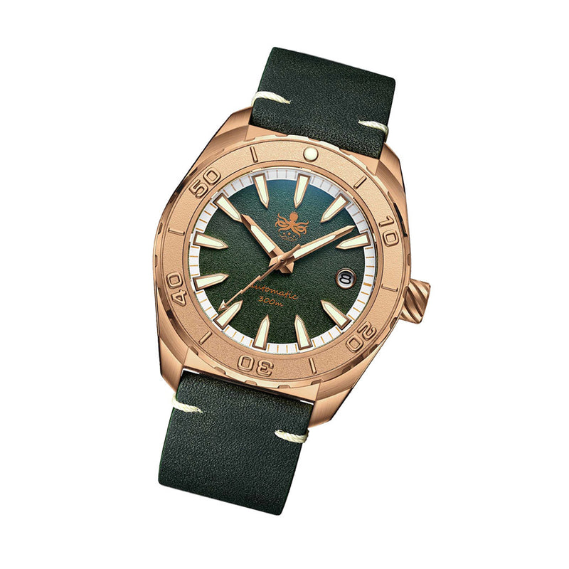 Phoibos Proteus Bronze 300M Dive Watch with Forest Green Dial #PY046A tilt