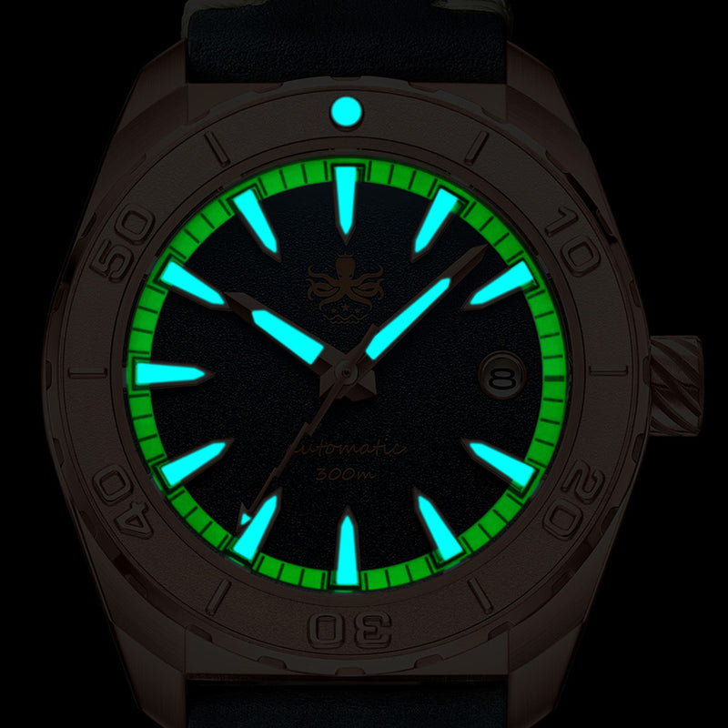 Phoibos Proteus Bronze 300M Dive Watch with Forged Carbon Dial #PY046C lume