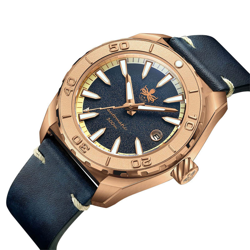 Phoibos Proteus Bronze 300M Dive Watch with Navy Blue Dial #PY046B tilt