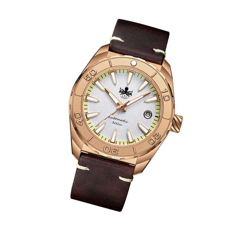 Phoibos Proteus Bronze 300M Dive Watch with White Dial #PY046D tilt