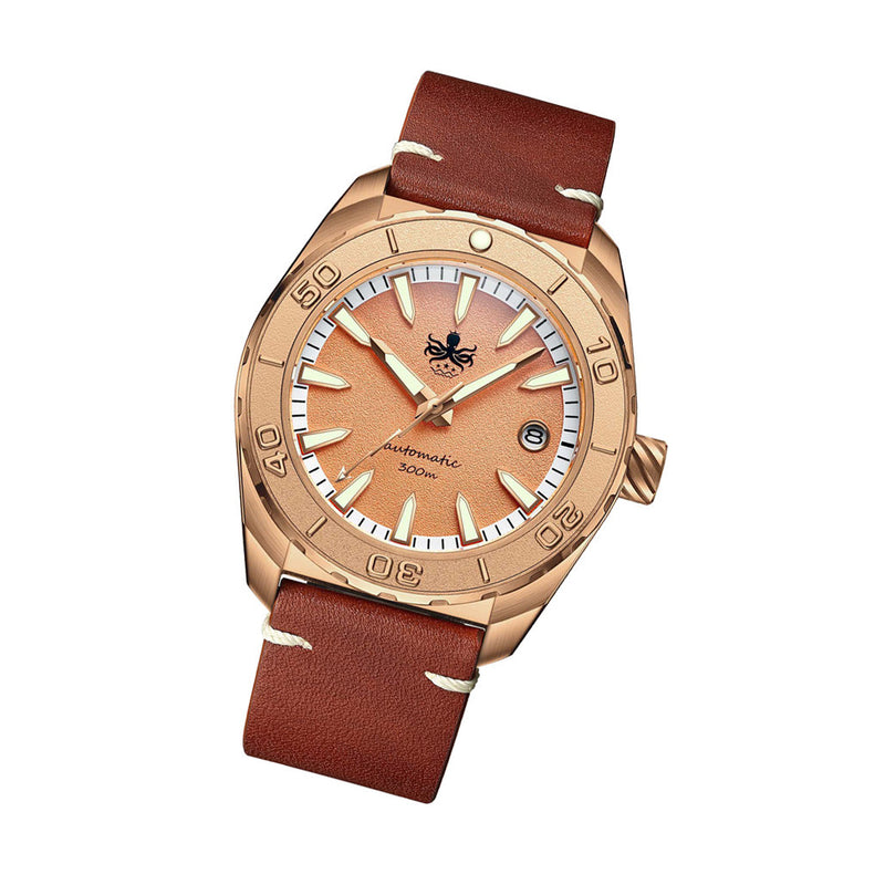 Phoibos Proteus Bronze 300M Dive Watch with Salmon Dial #PY046E tilt