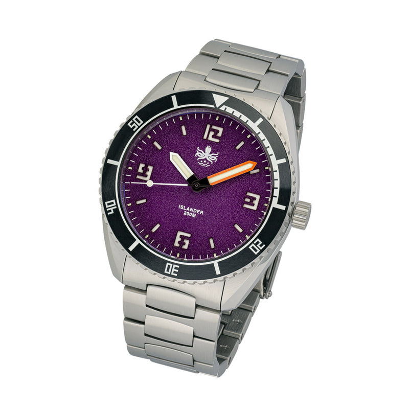 PHOIBOS x ISLANDER Limited Edition Reef Master Dive Watch with Purple Sand Dial #PY047-LIW tilt