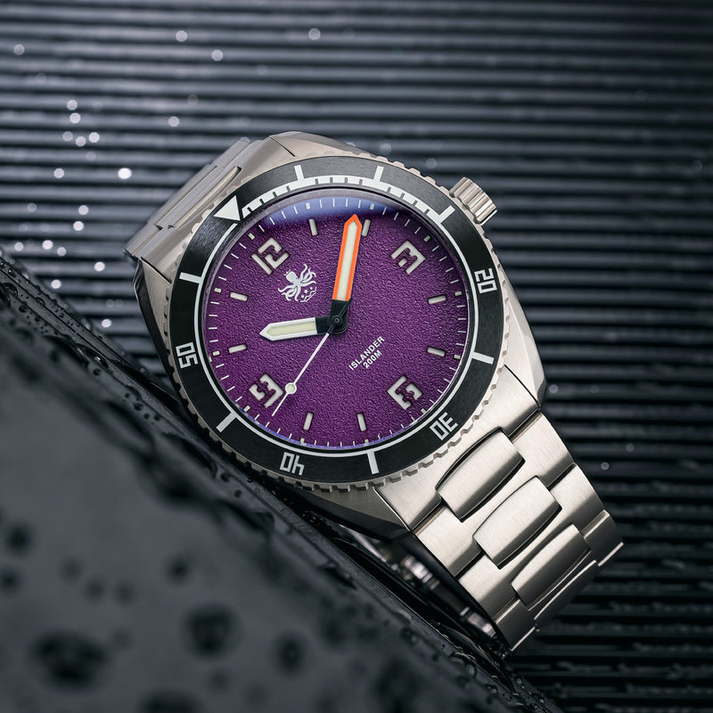 PHOIBOS x ISLANDER Limited Edition Reef Master Dive Watch with Purple Sand Dial #PY047-LIW lifestyle
