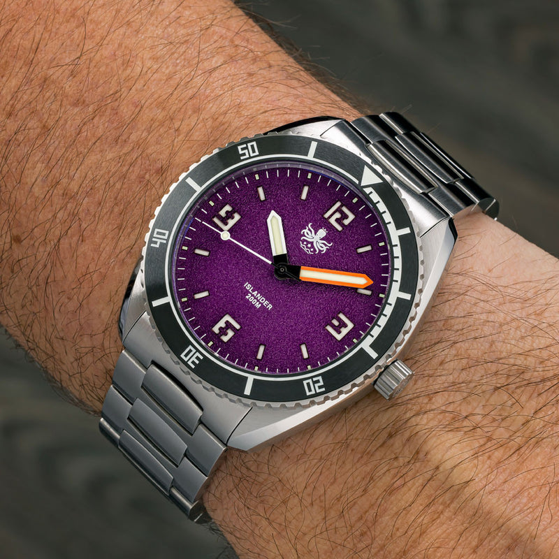 PHOIBOS x ISLANDER Limited Edition Reef Master Dive Watch with Purple Sand Dial #PY047-LIW wrist