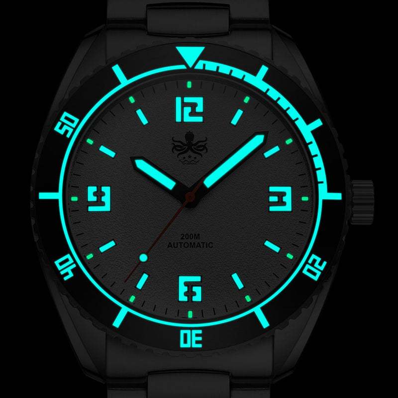 PHOIBOS Reef Master Dive Watch with Silver White Dial #PY047E lume