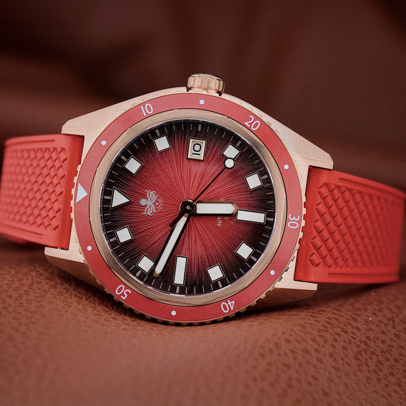 PHOIBOS Argo Bronze Automatic Dive Watch with Spiral Sunray Red Dial #PY057D