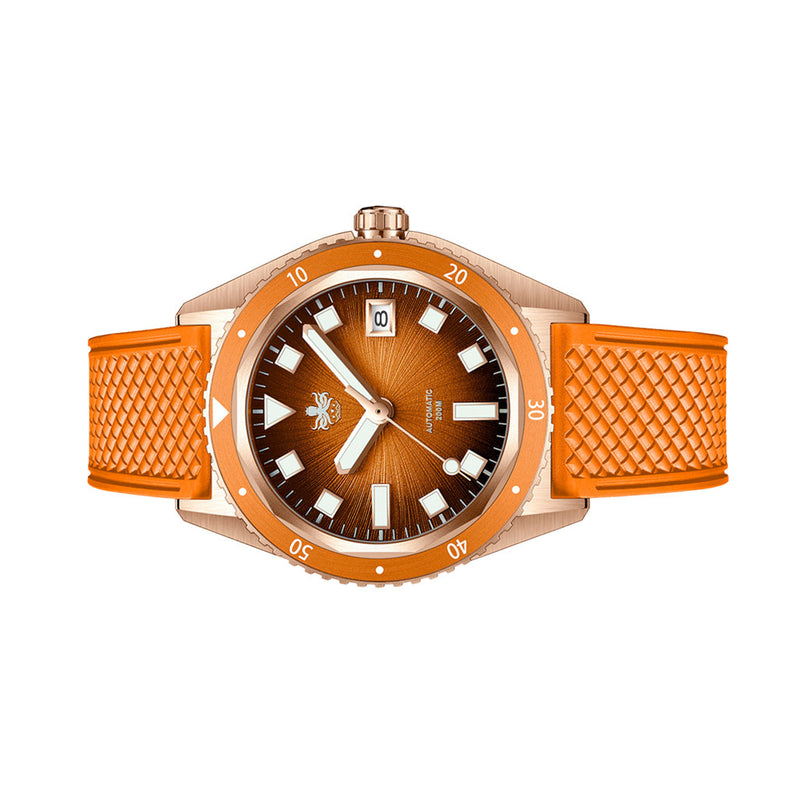 PHOIBOS Argo Bronze Automatic Dive Watch with Spiral Sunray Orange Dial #PY057G