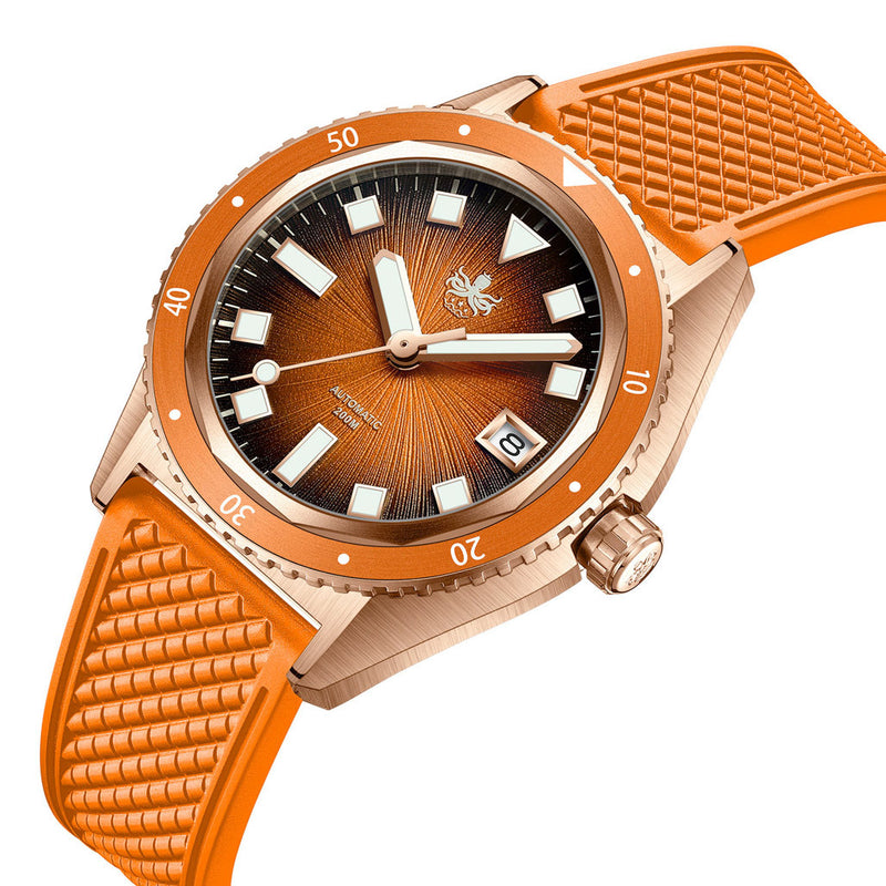 PHOIBOS Argo Bronze Automatic Dive Watch with Spiral Sunray Orange Dial #PY057G