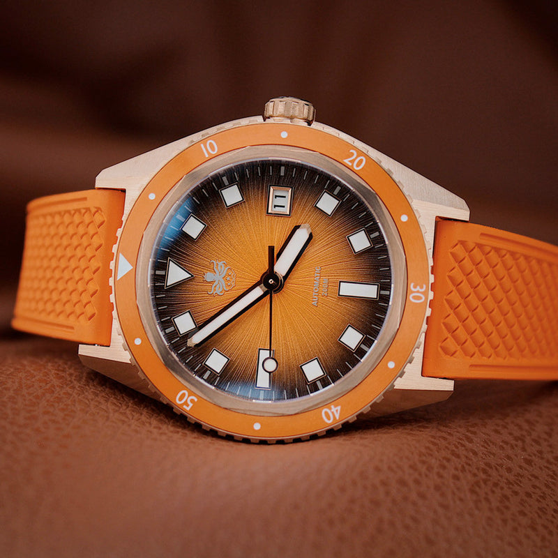 PHOIBOS Argo Bronze Automatic Dive Watch with Spiral Sunray Orange Dial #PY057G