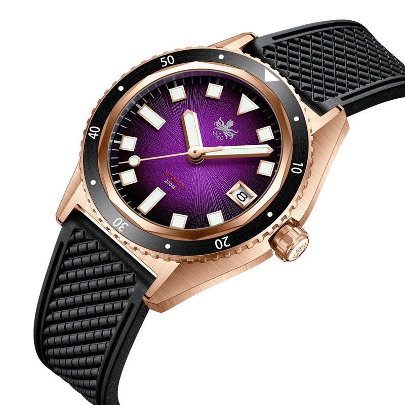 PHOIBOS Argo Bronze Automatic Dive Watch with Spiral Sunray Purple Dial #PY057H